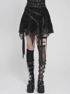 Black Gothic Skull Mesh Asymmetric Eyelet Strap Punk Skirt