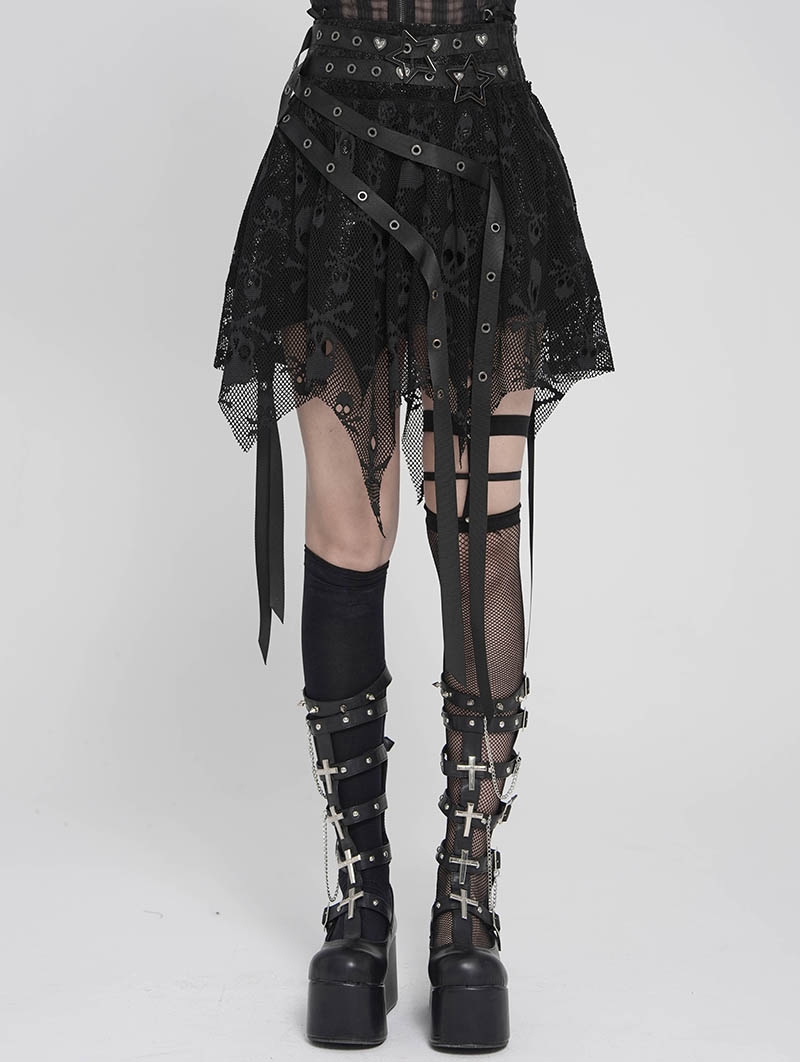Black Gothic Skull Mesh Asymmetric Eyelet Strap Punk Skirt