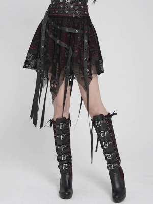 Black and Red Gothic Skull Mesh Asymmetric Eyelet Strap Punk Skirt