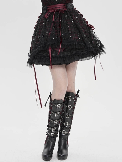 Black Gothic Red Ribbon Lace-Up Sequin Beaded Short Skirt