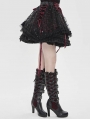 Black Gothic Red Ribbon Lace-Up Sequin Beaded Short Skirt