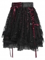 Black Gothic Red Ribbon Lace-Up Sequin Beaded Short Skirt