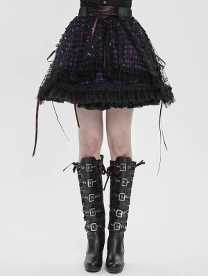Black Gothic Purple Ribbon Lace-Up Sequin Beaded Short Skirt