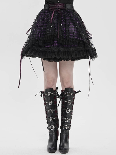 Black Gothic Purple Ribbon Lace-Up Sequin Beaded Short Skirt
