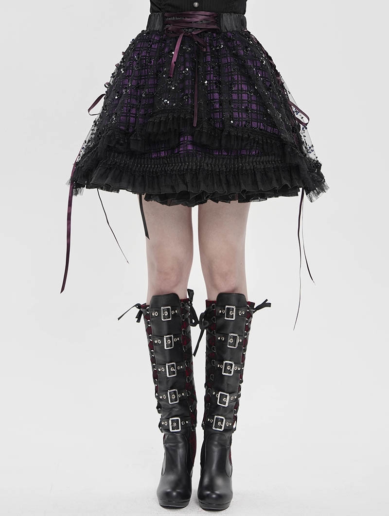 Black Gothic Purple Ribbon Lace-Up Sequin Beaded Short Skirt