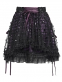 Black Gothic Purple Ribbon Lace-Up Sequin Beaded Short Skirt