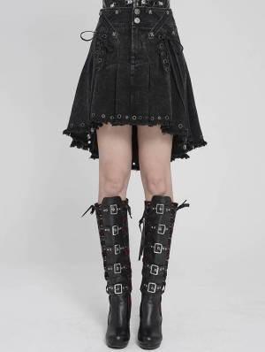 Black Gothic Punk Skull Lace Up Pleated High-Low Skirt