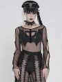 Black Gothic Batwing Patch Mesh Flared Sleeve T-Shirt for Women