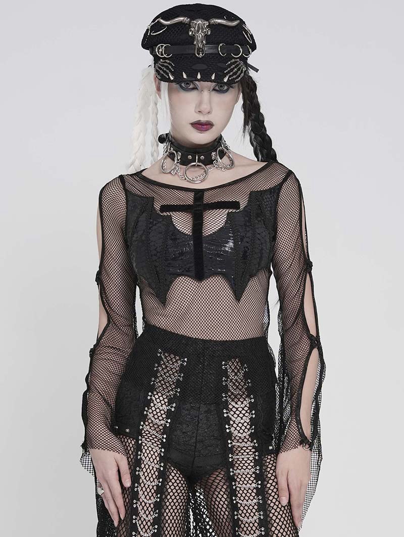 Black Gothic Batwing Patch Mesh Flared Sleeve T-Shirt for Women