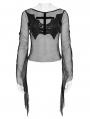 Black Gothic Batwing Patch Mesh Flared Sleeve T-Shirt for Women