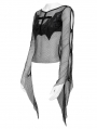 Black Gothic Batwing Patch Mesh Flared Sleeve T-Shirt for Women