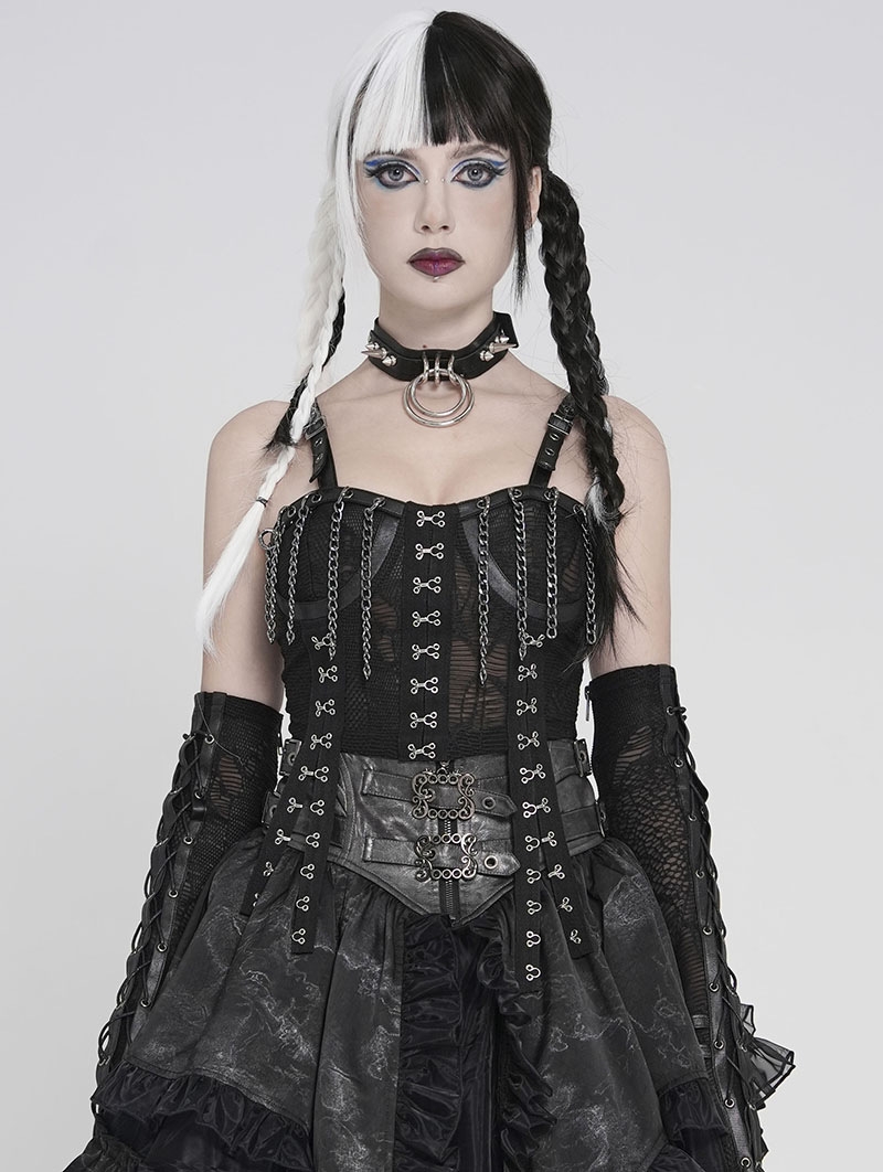 Black Gothic Punk Hook and Eye Strap Corset Top for Women