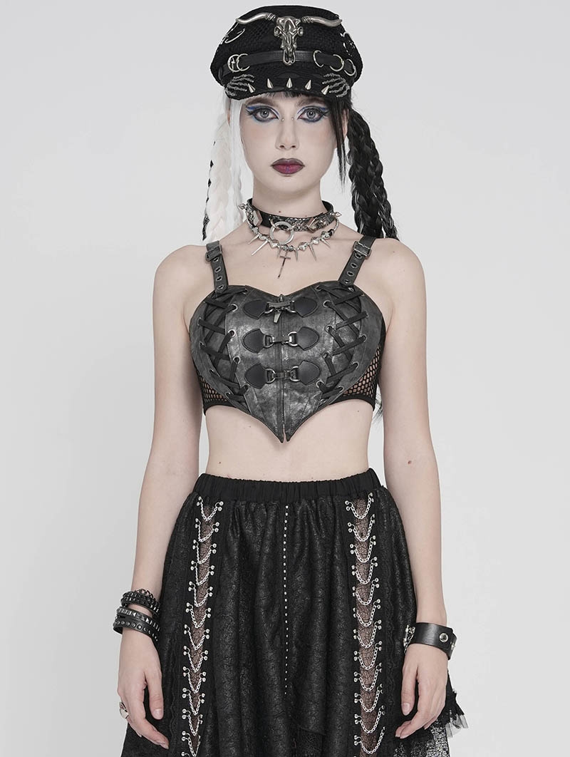 Grey and Black Gothic Punk Heart Corset Top for Women