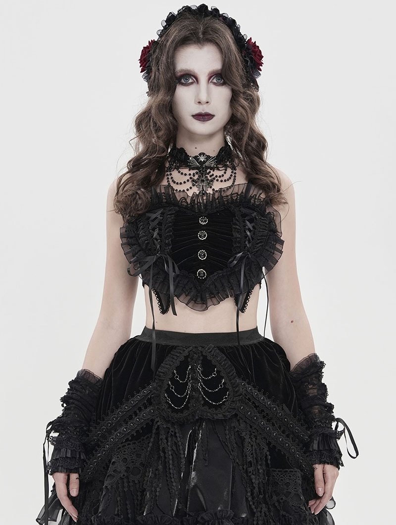 Black Gothic Velvet Heart Shape Cami Crop Top for Women