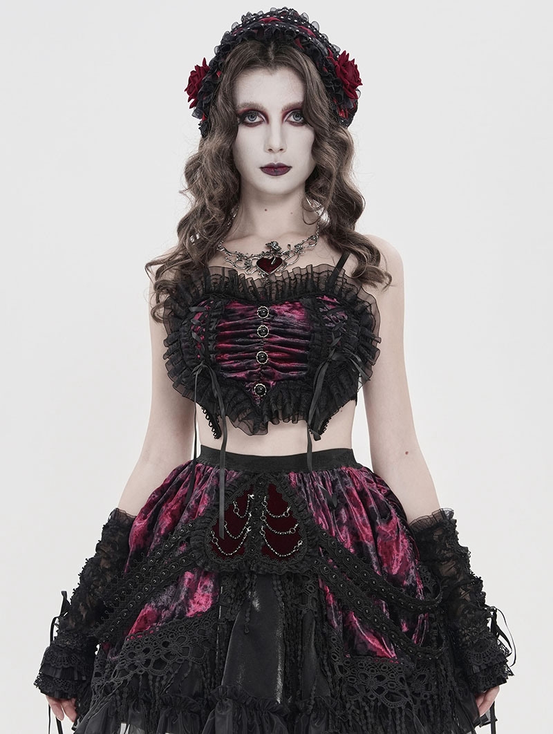 Black and Red Gothic Velvet Heart Shape Cami Crop Top for Women