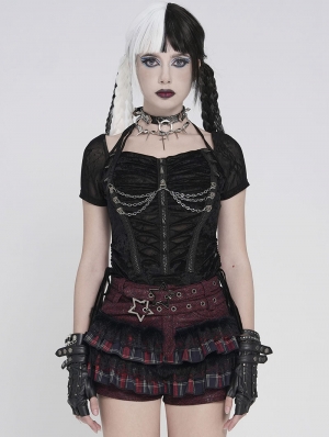 Black Gothic Punk Rivet Ruched Drawstring T-shirt for Women