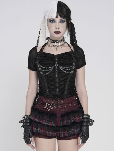 Black Gothic Punk Rivet Ruched Drawstring T-shirt for Women