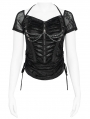 Black Gothic Punk Rivet Ruched Drawstring T-shirt for Women