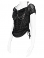 Black Gothic Punk Rivet Ruched Drawstring T-shirt for Women