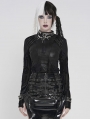 Black Gothic Zip Stand-Up Collar Patterned T-Shirt for Women