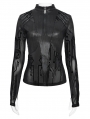 Black Gothic Zip Stand-Up Collar Patterned T-Shirt for Women