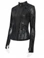Black Gothic Zip Stand-Up Collar Patterned T-Shirt for Women