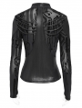 Black Gothic Zip Stand-Up Collar Patterned T-Shirt for Women