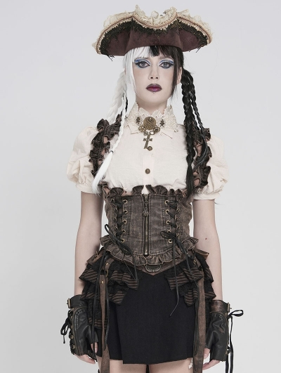 Brown Gothic Steampunk Ruffle Underbust Waistcoat for Women