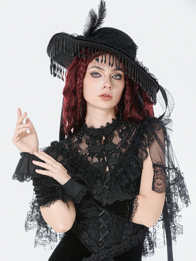 Black Gothic Vintage Lace Feather Tassel Hat