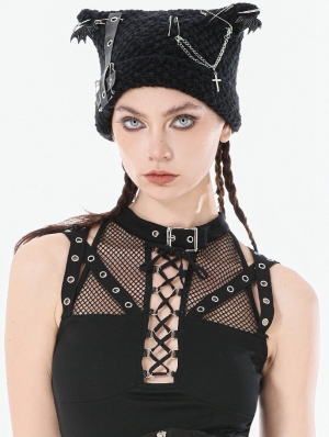Black Gothic Punk Metal Cross Chain Knit Hat