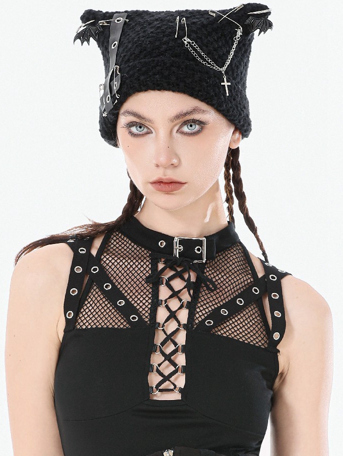 Black Gothic Punk Metal Cross Chain Knit Hat