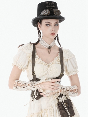 Ivory Steampunk Gothic Lace Layered Ribbon Gloves