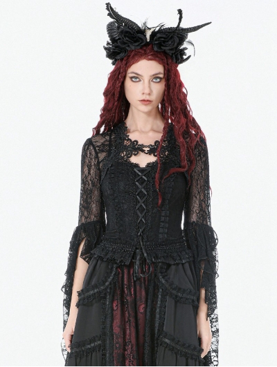 Black Gothic 3D Embroidered Lace Bell Sleeve Cape for Women