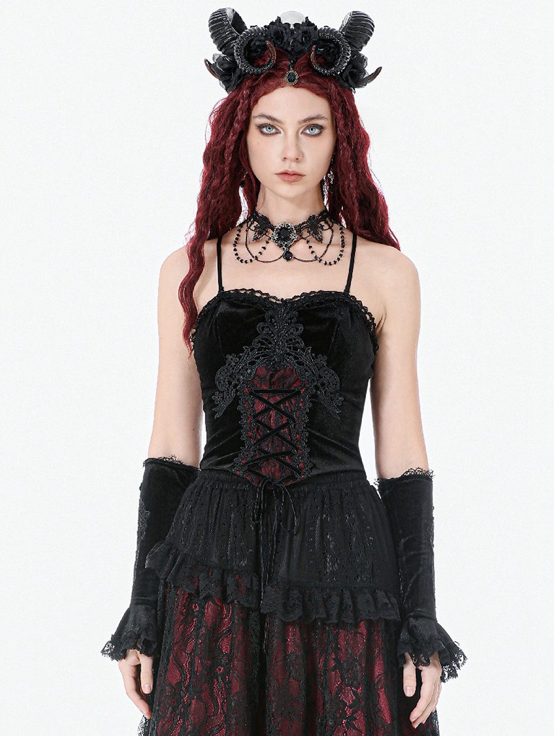 Black and Red Gothic Velvet Lace Appliqued Corset Top for Women