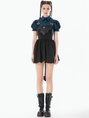 Black Gothic Bat Wing Buckle Strap Short Dress with Tail