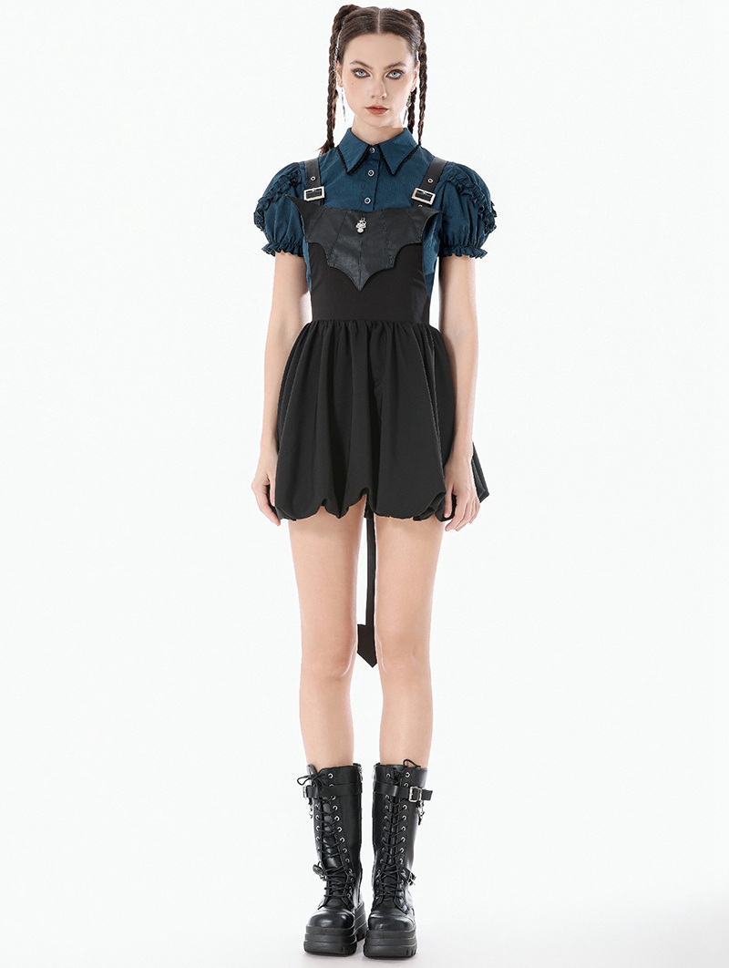Black Gothic Bat Wing Buckle Strap Short Dress with Tail