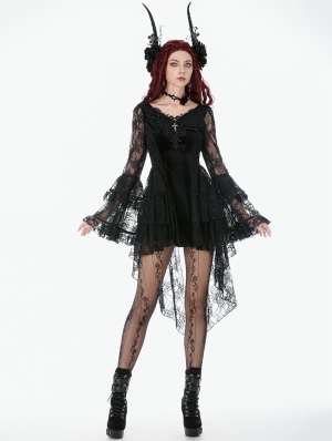 Black Classic Gothic Velvet Lace Embroidered Tail Dress