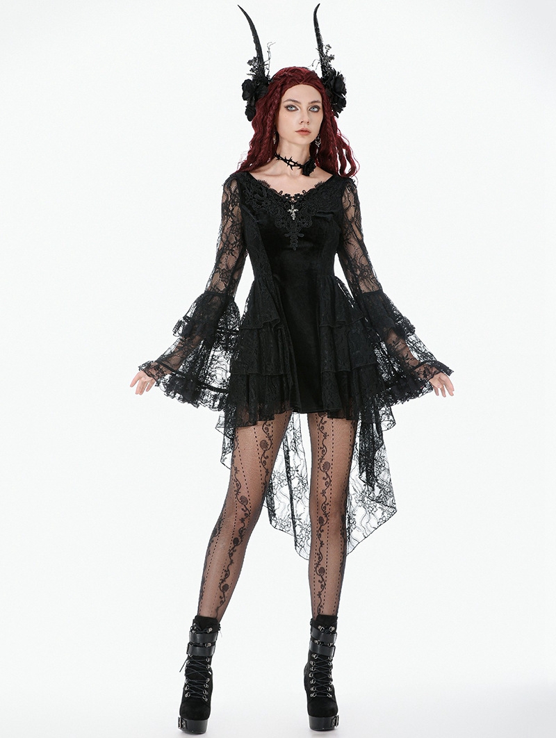 Black Classic Gothic Velvet Lace Embroidered Tail Dress