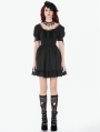 Black Gothic Lace Trim Square Neck Puff Sleeve Dress