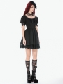 Black Gothic Lace Trim Square Neck Puff Sleeve Dress