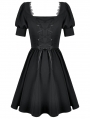 Black Gothic Lace Trim Square Neck Puff Sleeve Dress