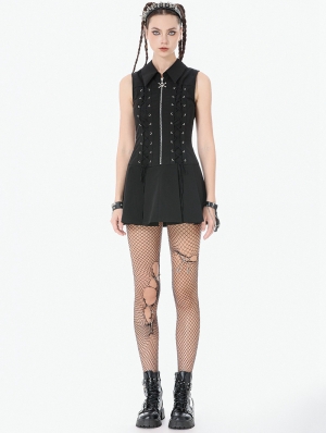 Black Gothic Skull Zip Collar Tactical Punk Sleeveless Dress