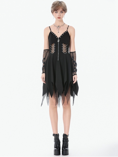 Black Gothic Punk Sleeveless Studded V-Neck Dress