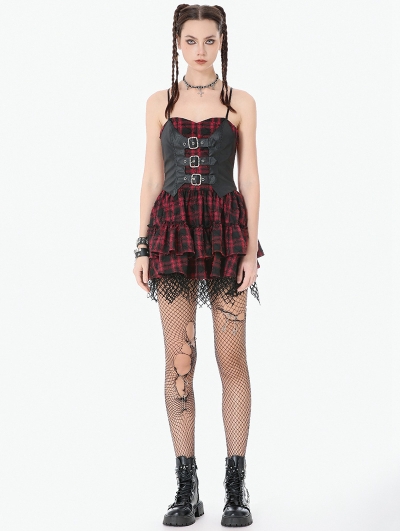 Red and Black Plaid Punk Gothic Leather Spliced Short Dress