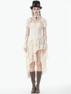 Ivory Steampunk Layered Lace Ruffle Asymmetrical Dress