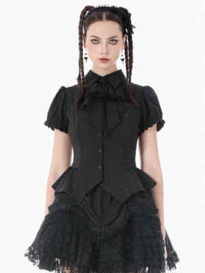 Black Gothic Women's Lace-Up Blouse with Detachable Bowtie