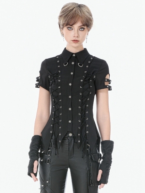 Black Gothic Cut Out Lace-Up Eyelet Punk Shirt for Women
