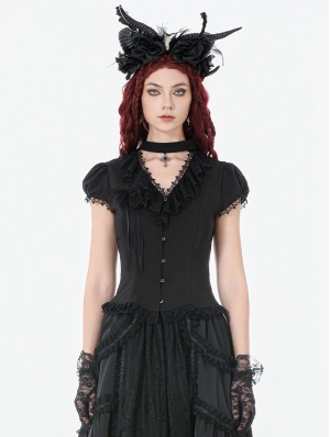 Black Gothic Cut Out V-Neck Short Sleeve Blouse for Women