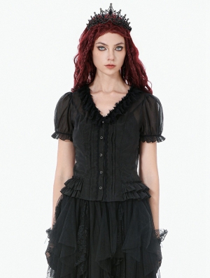 Black Gothic Sheer Ruffle Puff Sleeve Blouse for Women