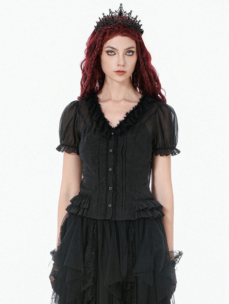 Black Gothic Sheer Ruffle Puff Sleeve Blouse for Women